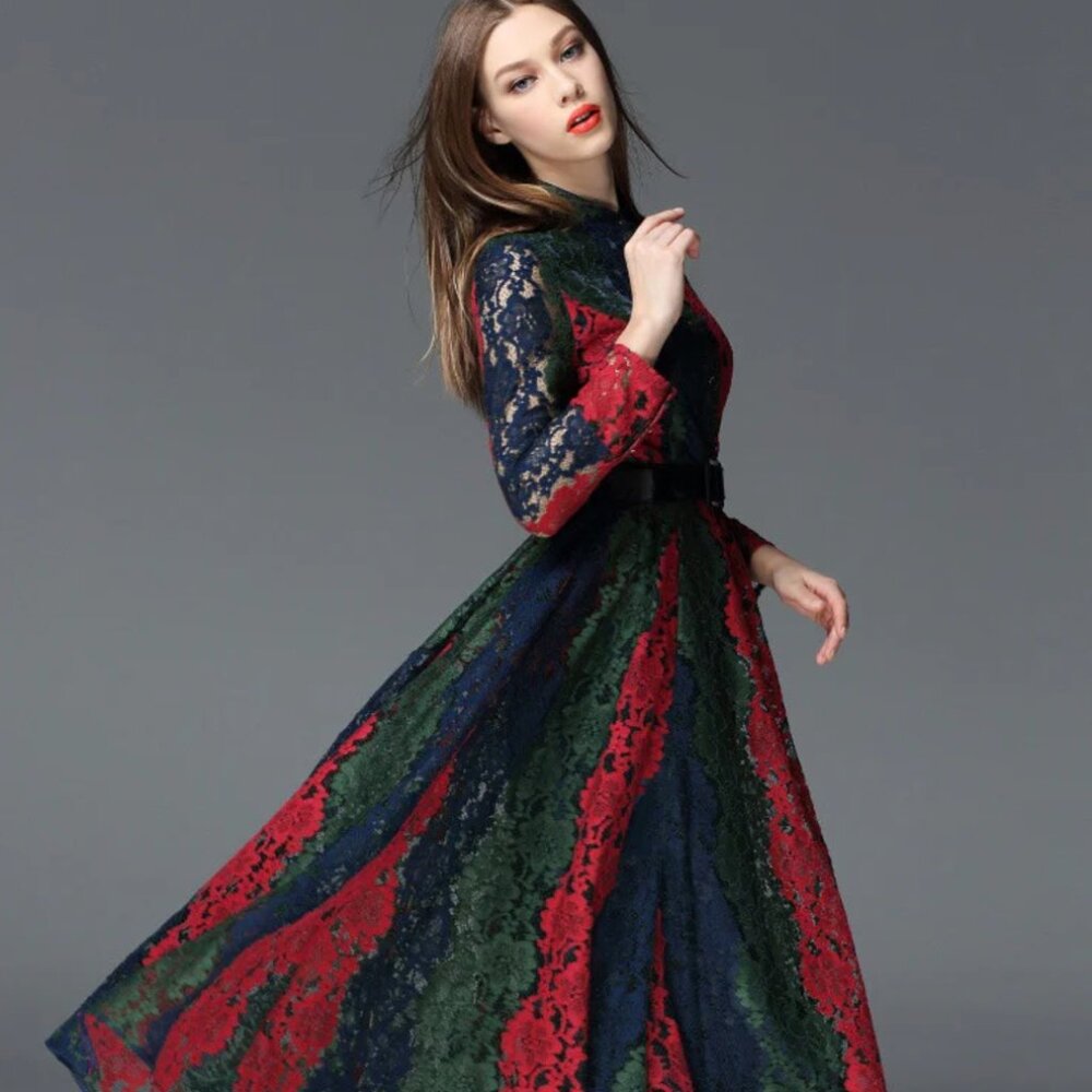 Tri-Color Lace Maxi Dress
